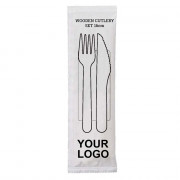 Houten vork & mes, 18 cm, in enveloppe, incl servet