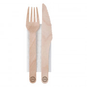 Houten vork & mes, 16 cm, in enveloppe, incl servet